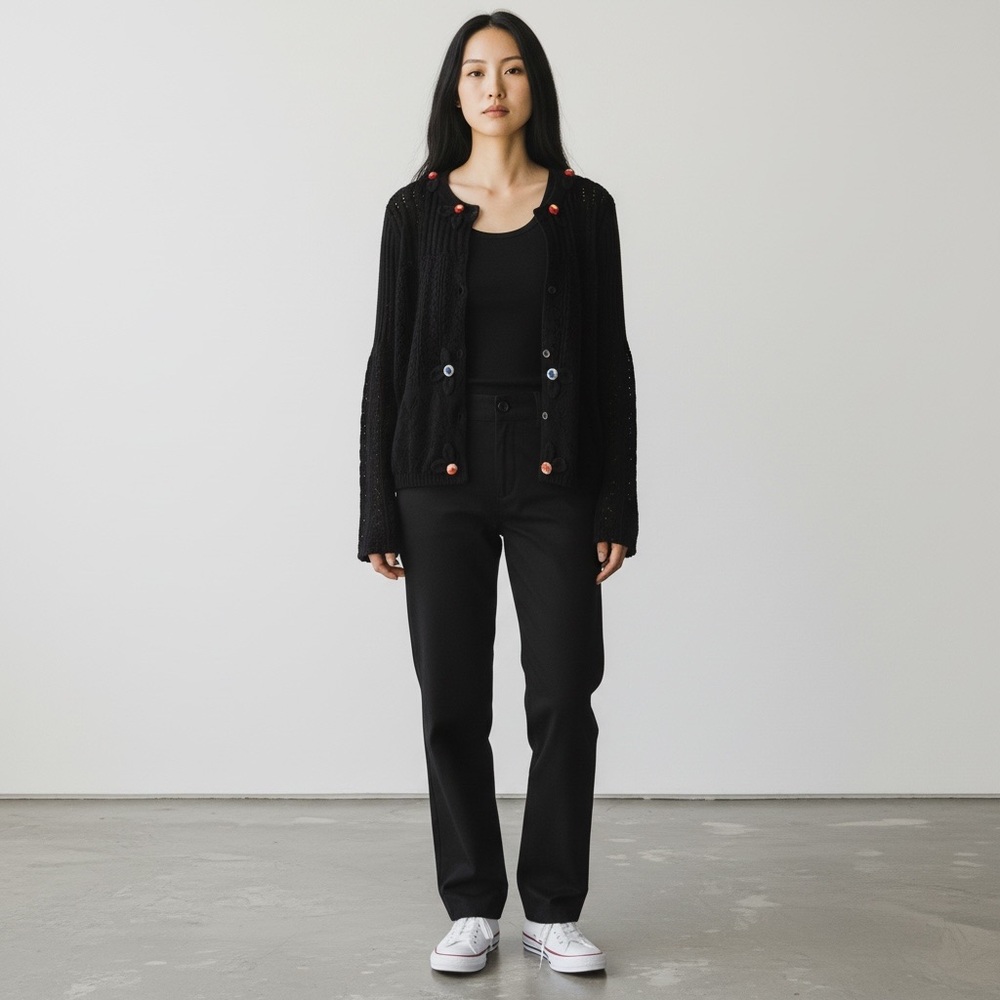PRADA button-front cardigan w/flower appliqués Black Knitwear Size 46 Italy 🇮🇹